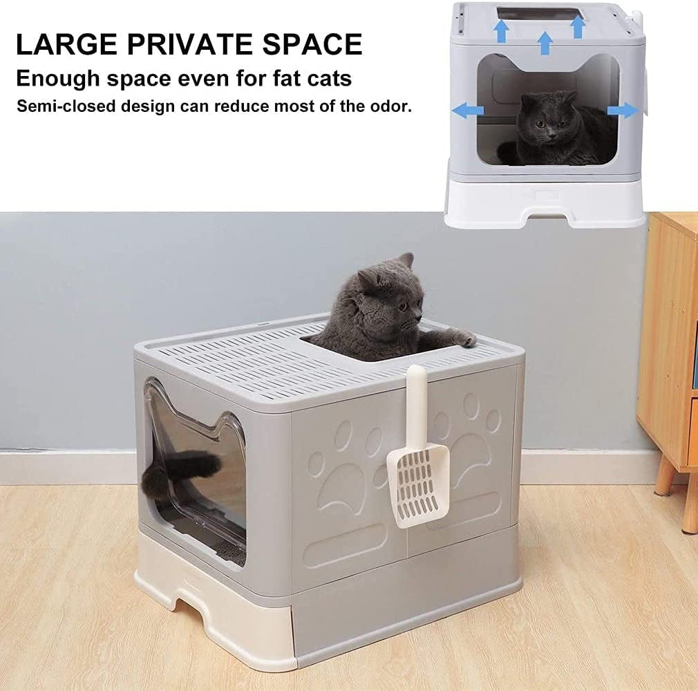 Large Cat Litter Box with Lid, Foldable Cat Litter Box ​With Cat Litter Scoop, Drawer Type Cat Litter Pan Easy to Scoop & Clean, Self Cleaning Cat Litter Box (Gray)
