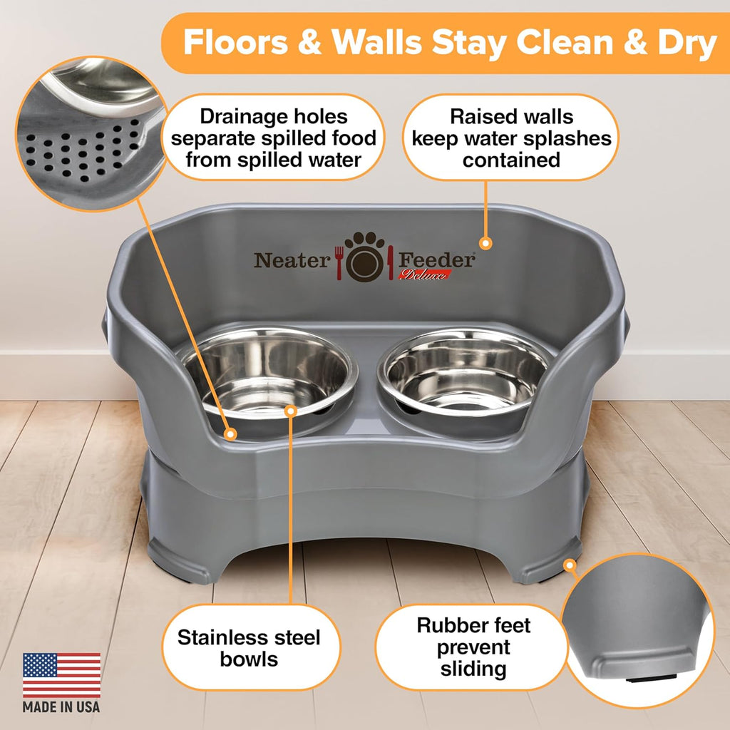 Neater Feeder Deluxe Mess Proof Dog Bowls Elevated for Medium Dogs 19-40 Lbs, Made in USA, No Spill Raised Dog Food Bowl Stand Feeding Station, Food and Water Bowl Set, Grey