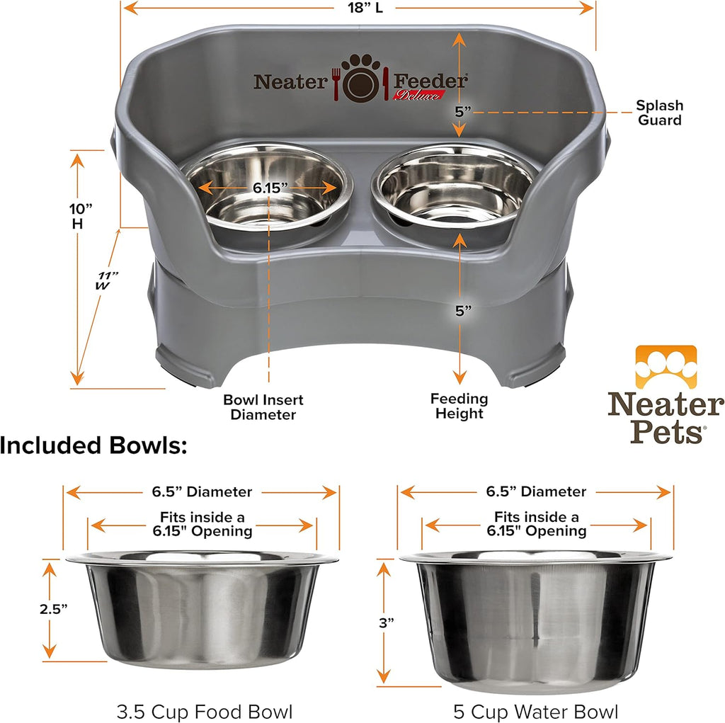 Neater Feeder Deluxe Mess Proof Dog Bowls Elevated for Medium Dogs 19-40 Lbs, Made in USA, No Spill Raised Dog Food Bowl Stand Feeding Station, Food and Water Bowl Set, Grey